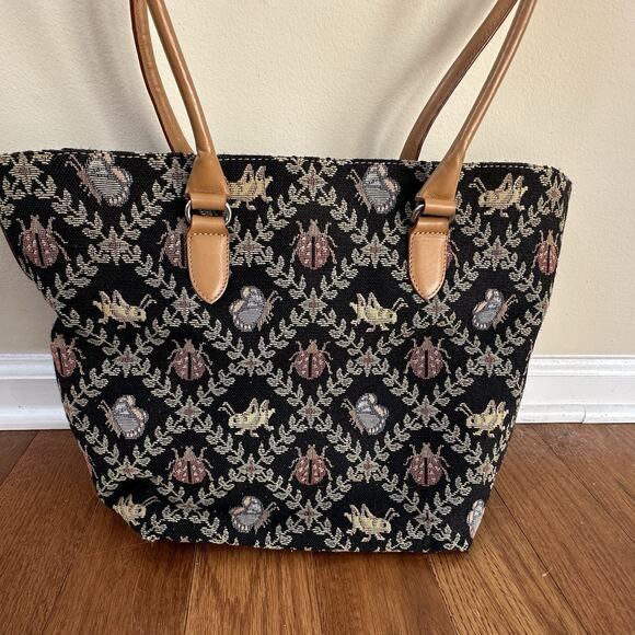 Vintage Talbots Tapestry Purse Travel Bag with Leather Handle Nature Ladybugs - Picture 1 of 6